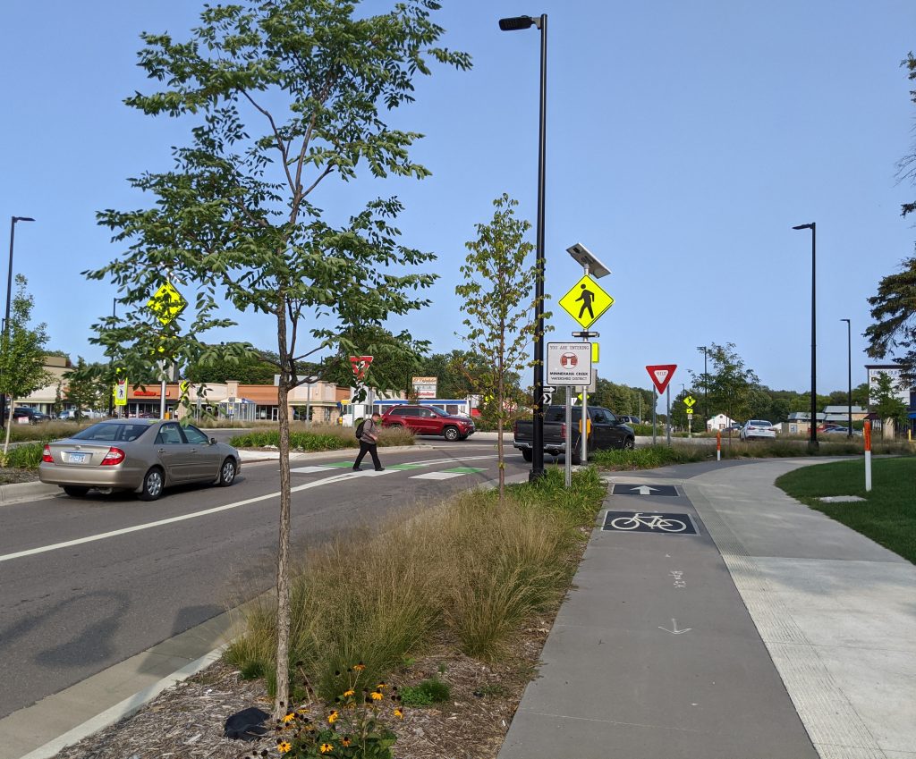 66th and Nicollet Ave roundabout looking east (2020, after reconstruction)
